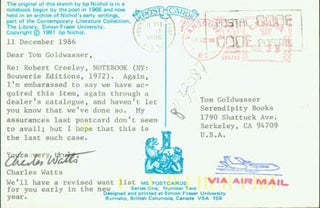 Item #63-3997 Post Card TLS Charles Watts to Peter Howard & Tom Goldwasser, December 11, 1986....