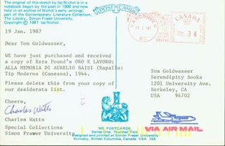 Item #63-3998 Post Card TLS Charles Watts to Peter Howard & Tom Goldwasser, January 19, 1987....