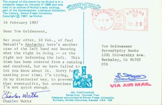 Item #63-3999 Post Card TLS Charles Watts to Peter Howard & Tom Goldwasser, February 16, 1987....