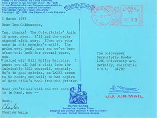 Item #63-4000 Post Card TLS Charles Watts to Peter Howard & Tom Goldwasser, March 2, 1987....