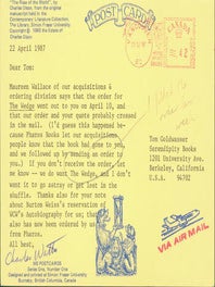 Item #63-4001 Post Card TLS Charles Watts to Peter Howard & Tom Goldwasser, April 22, 1987....