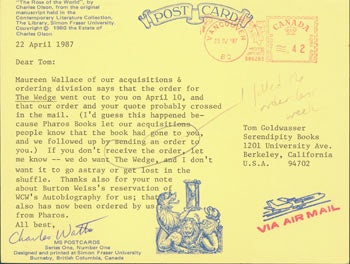 Item #63-4001 Post Card TLS Charles Watts to Peter Howard & Tom Goldwasser, April 22, 1987. Charles Watts, Peter Howard, Tom Goldwasser, Simon Fraser University, Berkeley Serendipity Books, CA.