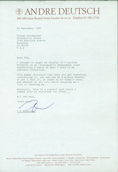 Item #63-4009 TLS T. G. Rosenthal to Tom Goldwasser, September 29, 1987. T. G. Rosenthal, Tom...