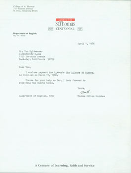 Item #63-4011 TLS Thomas Dillon Redshaw to Tom Goldwasser, April 1, 1986. Thomas Dillon Redshaw,...
