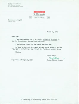 Item #63-4013 TLS Thomas Dillon Redshaw to Tom Goldwasser, March 17, 1986. Thomas Dillon Redshaw,...