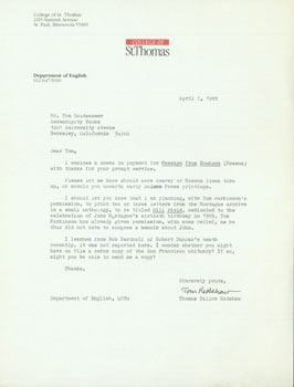 Item #63-4021 TLS Thomas Dillon Redshaw to Tom Goldwasser, April 7, 1988. Thomas Dillon Redshaw,...
