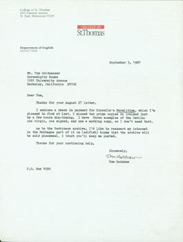 Item #63-4022 TLS Thomas Dillon Redshaw to Tom Goldwasser, September 3, 1987. Thomas Dillon...