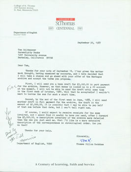Item #63-4023 TLS Thomas Dillon Redshaw to Tom Goldwasser, September 20, 1987. Thomas Dillon...