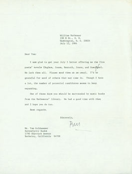 Item #63-4029 Typed letter signed by William Matheson to Tom Goldwasser (Serendipity Books,...