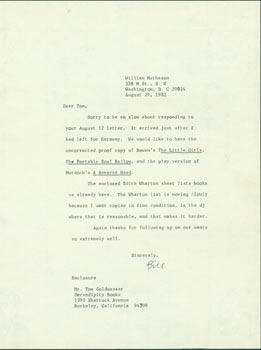 Item #63-4030 Typed letter signed by William Matheson to Tom Goldwasser (Serendipity Books,...