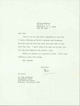 Item #63-4031 Typed letter signed by William Matheson to Tom Goldwasser (Serendipity Books,...