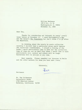 Item #63-4032 Typed letter signed by William Matheson to Tom Goldwasser (Serendipity Books,...