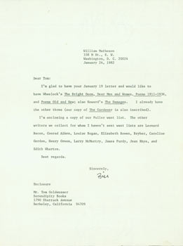 Item #63-4033 Typed letter signed by William Matheson to Tom Goldwasser (Serendipity Books,...