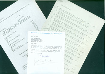 Item #63-4062 Correspondence between publisher & book collector Duncan Olmsted & Thomas A. Goldwasser & Peter Howard of Serendipity Books, Regarding Books Olmsted had on consignment. Serendipity Books, Thomas A. Goldwasser, Peter Howard, Duncan Olmsted.