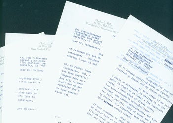 Item #63-4065 Four TLS letters Charles L. Miller to Tom Goldwasser, 1986. Charles L. Miller, Conn West Hartford.