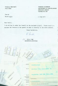 Item #63-4099 Purchase Orders from the Bodleian Library, Oxford, July 4, 1979, sent to Lord John...