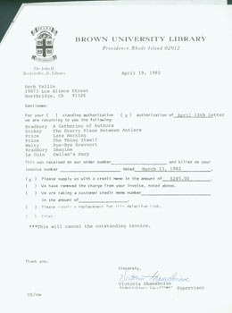 Item #63-4103 Acquisitions Paperwork from Brown University Library, sent to Lord John Press....