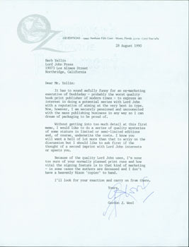 Item #63-4109 Typed letter signed, Gordon J. Weel to Herb Yellin, August 28, 1990. Gordon J. Weel, Oz Editions, Herb Yellin, Lord John Press, Miami.
