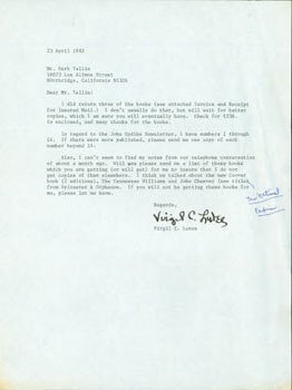 Item #63-4111 Typed letter signed, Virgil C. Lutes to Herb Yellin, April 23, 1982. RE: Cheever,...
