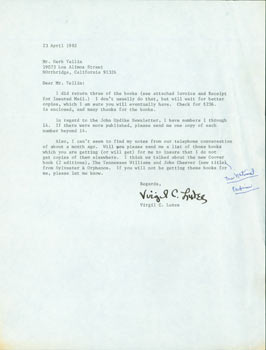 Item #63-4111 Typed letter signed, Virgil C. Lutes to Herb Yellin, April 23, 1982. RE: Cheever,...
