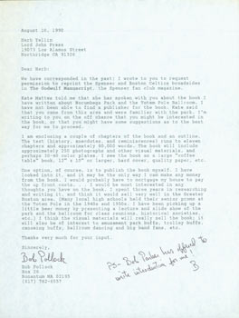 Item #63-4112 Typed letter signed, Bob Pollock to Herb Yellin, August 10, 1990. RE: Robert B. Parker. Bob Pollock, Herb Yellin, Lord John Press.