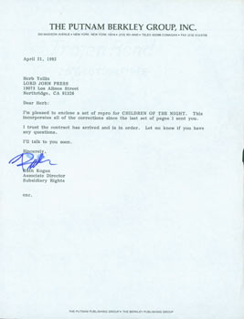 Item #63-4114 MS letter from Ruth Krogan (Putnam Berkley Group) to Herb Yellin, April 21, 1992....