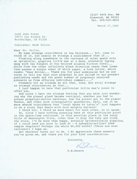 Item #63-4119 TLS from author D.M. Shreve to Herb Yellin. March 27, 1989. D M. Shreve, Herb Yellin