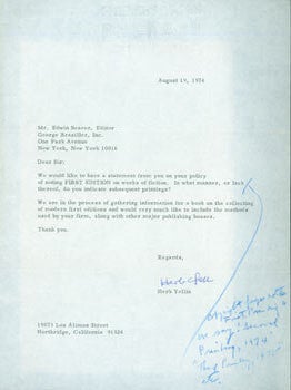 Item #63-4129 TLS from Herb Yellin, Lord John Press to George Braziller editor Edwin Seaver. RE:...