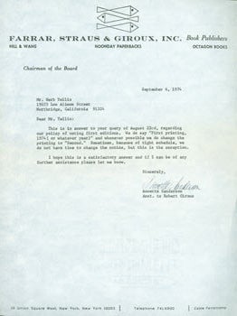 Item #63-4131 TLS from Annette Sanderson (Farrar, Straus & Giroux) to Herb Yellin, Lord John...