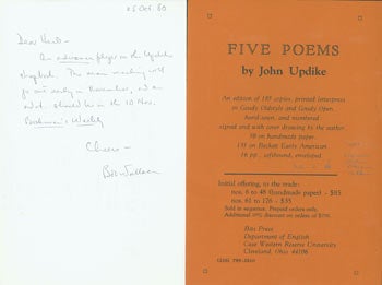 Item #63-4135 Prospectus for Five Poems by John Updike, with MS note by Bob Wallace, October 25, 1980. John Updike, Herb Yellin.