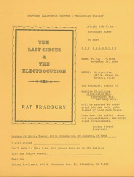 Item #63-4151 Southern California Chapter Manuscript Society Invites You to an Autograph Party to Meet Ray Bradbury. Southern California Chapter Manuscript Society, Ray Bradbury.