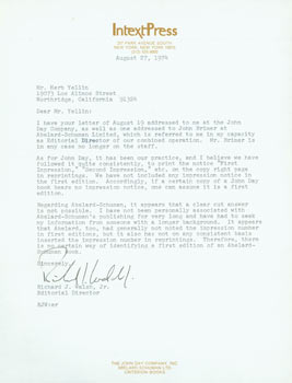 Item #63-4158 TLS from editorial director Richard J. Walsh (of Intext Press) to Herb Yellin, Lord...