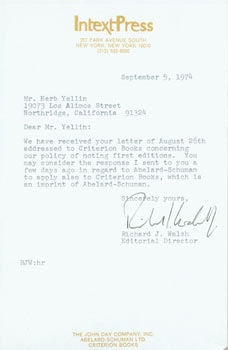 Item #63-4159 TLS from editorial director Richard J. Walsh (of Intext Press) to Herb Yellin, Lord...