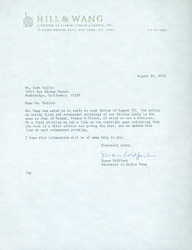 Item #63-4161 TLS from Susan Goldfarb (of Hill & Wang) to Herb Yellin, Lord John Press. RE: first...