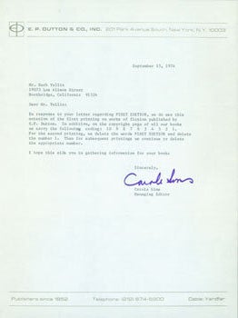 Item #63-4162 TLS from Carole Sims (of E. P. Dutton) to Herb Yellin, Lord John Press. RE: first...