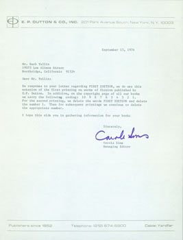 Item #63-4162 TLS from Carole Sims (of E. P. Dutton) to Herb Yellin, Lord John Press. RE: first editions.September 13, 1974. Carole Sims, Herb Yellin, E. P. Dutton.