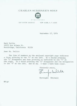 Item #63-4163 TLS from Burroughs Mitchell (of Charles Scribner's Sons) to Herb Yellin, Lord John...