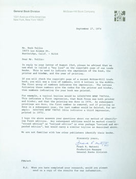 Item #63-4164 TLS from Frank R. Matonti (of McGraw-Hill) to Herb Yellin, Lord John Press. RE: first editions. September 17, 1974. Frank R. Matonti, Herb Yellin, McGraw-Hill.