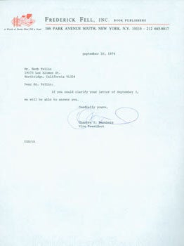 Item #63-4168 TLS from Charles Nurnberg (of Frederick Fell) to Herb Yellin, Lord John Press. RE:...