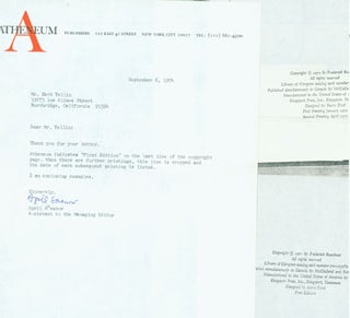 Item #63-4169 TLS from April Sasanow (of Atheneaum) to Herb Yellin, Lord John Press. RE: first...