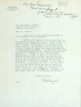 Item #63-4190 TLS H. M. Wright to John Taylor Waldorf, March 23, 1923. With MS note penciled in...