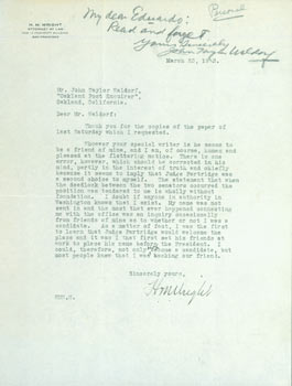 Item #63-4190 TLS H. M. Wright to John Taylor Waldorf, March 23, 1923. With MS note penciled in...