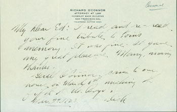 Richard O'Connor (SF Attorney); Edward O'Day - Als Sf Attorney Richard O'Connor to Edward O'Day, March 22, 1923