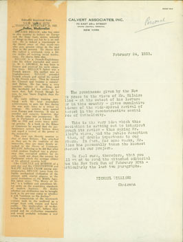 Item #63-4192 Typed Form Letter by Michael Williams on Calvert Associates letterhead to Edward O'Day, February 24, 1923. RE: lecture tour by Mr. Hilaire Belloc. Calvert Associates, Michael Williams, Edward O'Day, NY.