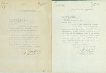 Item #63-4195 Two Typed Letters Signed by John B. Farish to Edward O'Day, October, 1923. RE: Grove play, The Family (SF Social Club). John B. Farish, Edward O'Day, San Francisco Mining Engineer.