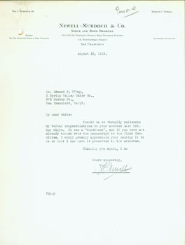 Item #63-4198 Typed Letter Signed by Robert C. Newell to Edward O'Day, August 25, 1923. RE: The...