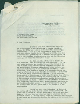 Item #63-4200 Carbon Copy Typed Letter by Edward O'Day to Florence M. McAuliffe, February 26, 1923. RE: Senate bill in the California Legislature introduced on behalf of Charles B. Turrill. Edward O'Day.