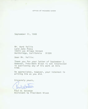 Office of Richard Nixon; Paul Bateman - Tls Paul W. Bateman to Herb Yellin, September 11, 1980. Re: Yellin Had Asked If President Nixon Was Interested in Publishing Any of His Work