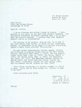 Item #63-4211 TLS Ronald B. Schwartz to Herb Yellin, April 22, 1980. RE: John Updike Newsletter. Ronald B. Schwartz.