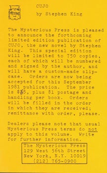 Item #63-4223 Prospectus for Cujo by Stephen King, Signed Limited Edition. Mysterious Press, NY.